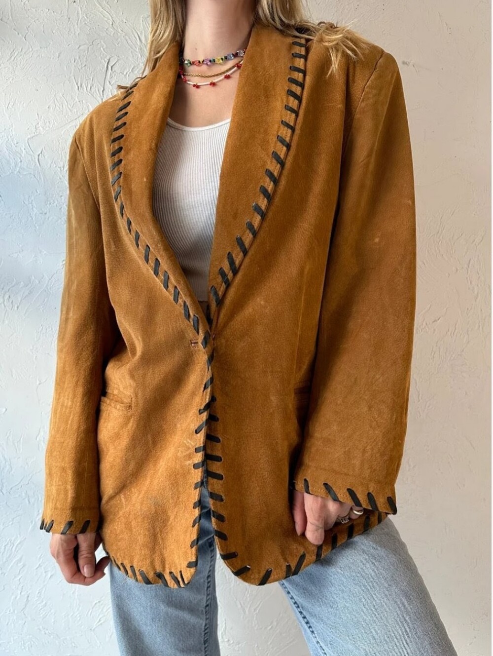 Vintage 80s Dalmys Tan Suede Leather W/ Black Whipstitch Capsule Women Blazer L